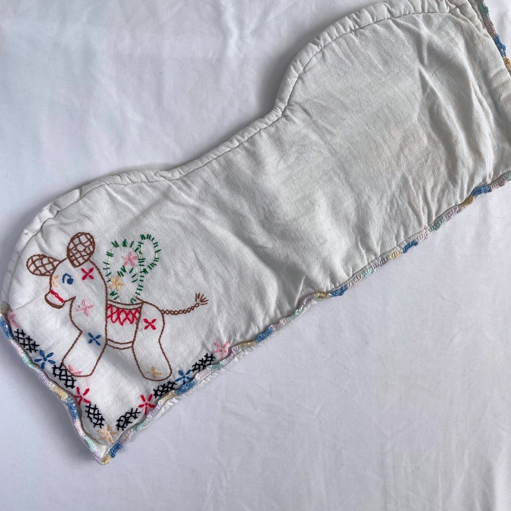 Vintage Hand Embroidered Burp Cloth White Cotton Donkey Folk Art Crochet Edge